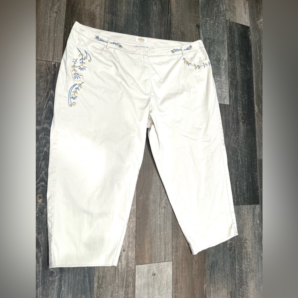 Talbots Woman Capri Pants 24W Pedal Pusher $90 Khaki Tan Wood Beads Embordiery